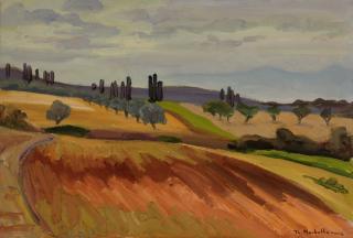 View from Kiato, Geometric, Fields in Brown — Oil painting, Canvas, 38.00×55.00cm — Theodoros Markellos
